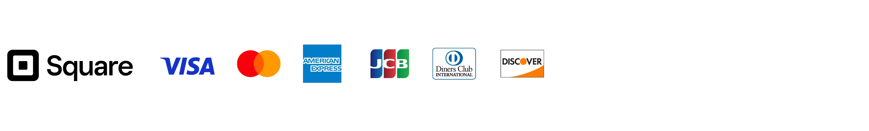 下記のブランドが印字されています。Visa, Mastercard, American Express, JCB, Diners Club, Discover